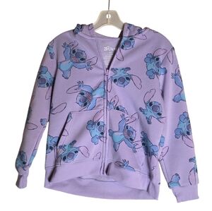 Disney Stitch Hoodie Kids L (14) Purple Zip Up Lilo & Stitch All Over Print